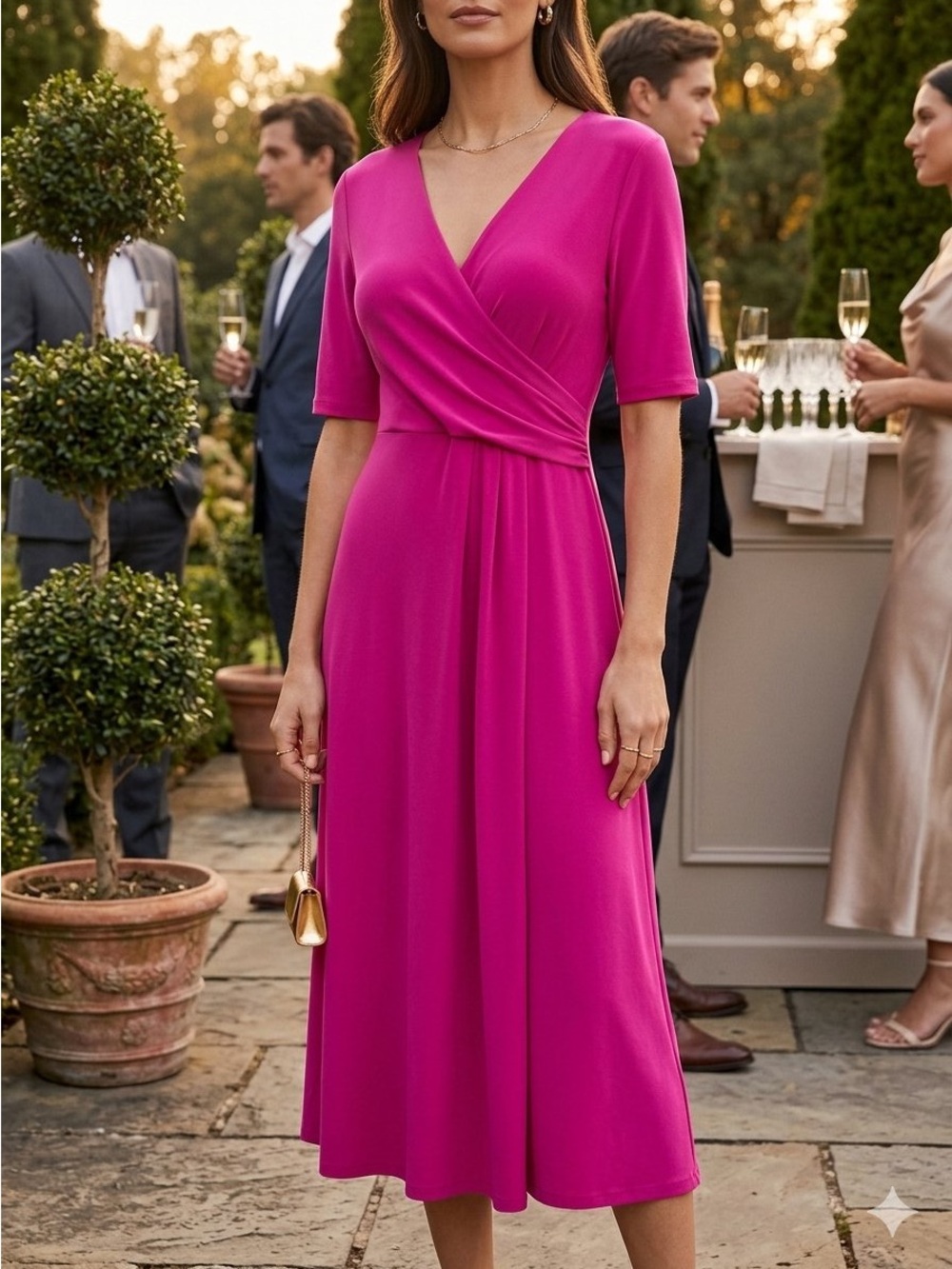 MSK Dress MSK Magenta Faux Wrap Midi Pink Medium NWT wedding guest cocktail chic